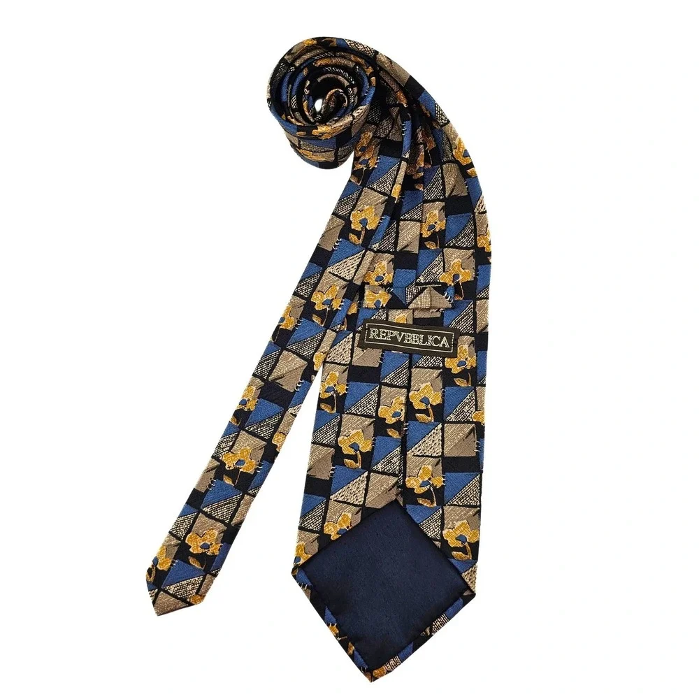 Repvbblica Men's Geometric Floral Necktie - Blue, Brown, Yellow -‎ Professional